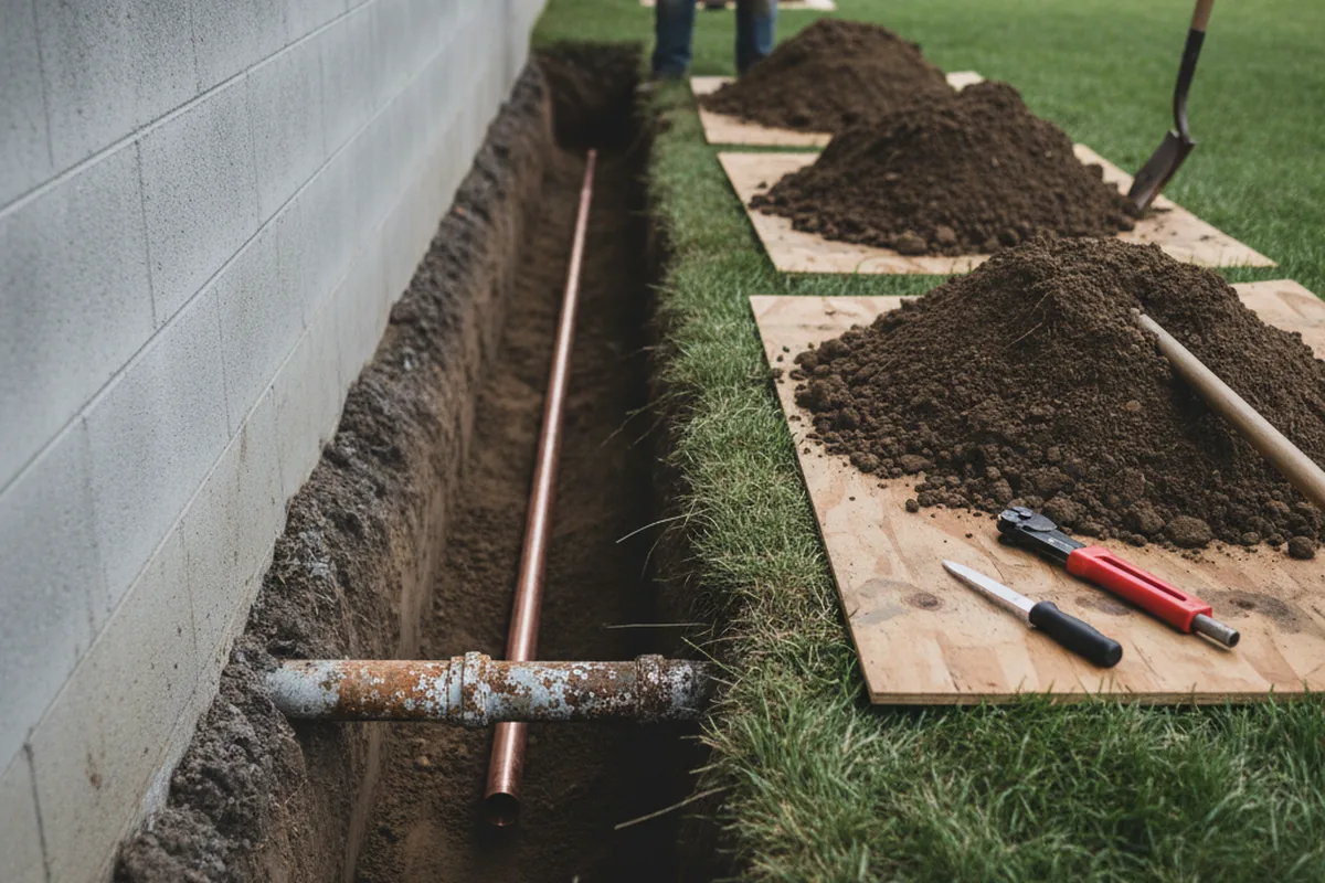 Excavated water line trench during Sewer Line Repair in Sunderland